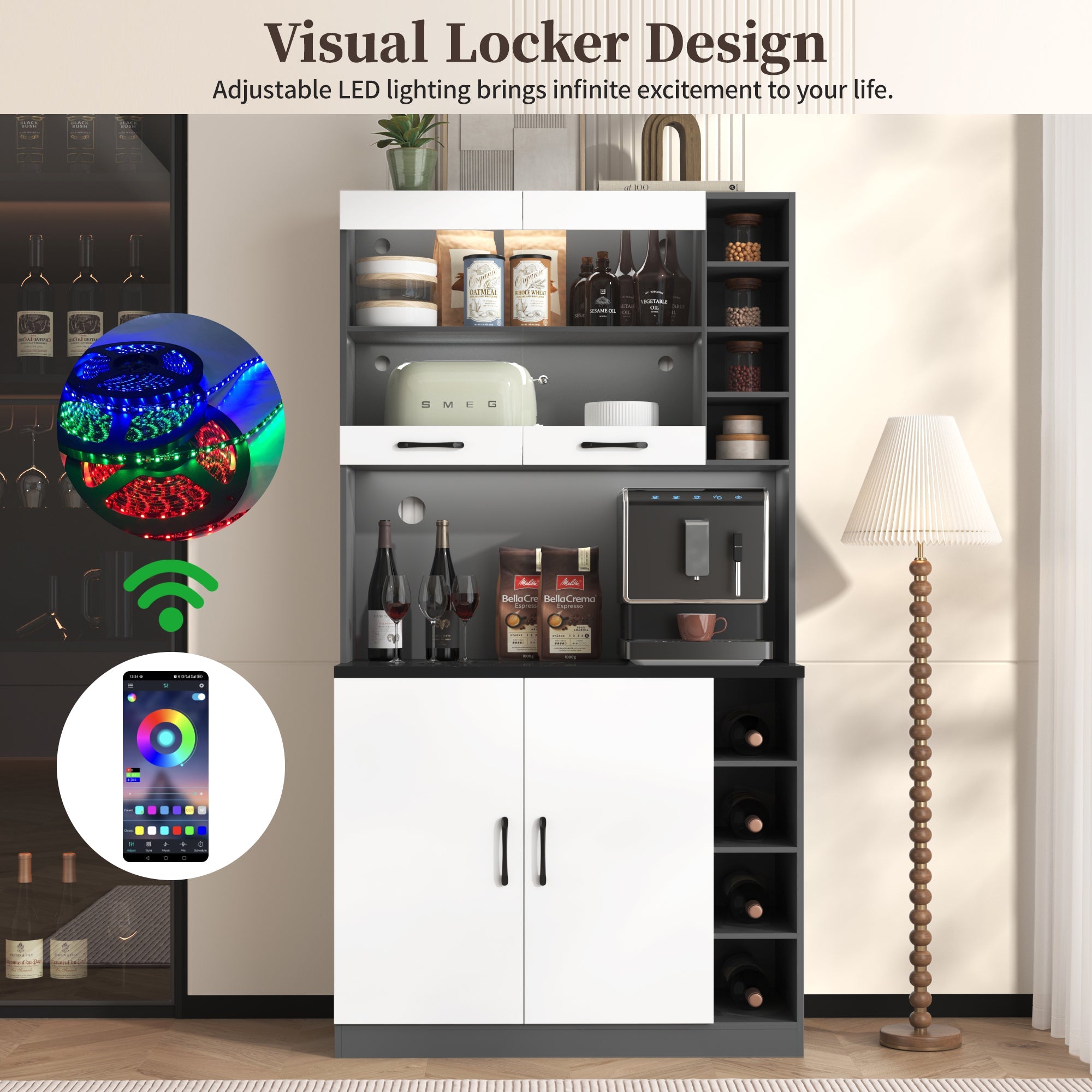 Kitchen Tall Cabinet, Pantry With LED Ambient Lighting, Wooden Kitchen Cupboard, Large Space For Microwave, Freestanding, Height-adjustable Side Storage Shelves